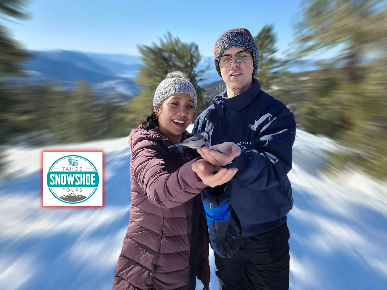 Couple snowshoeing at Chickadee Ridge Lake Tahoe as a wild chickadee lands on their hand during a guided winter nature tour
