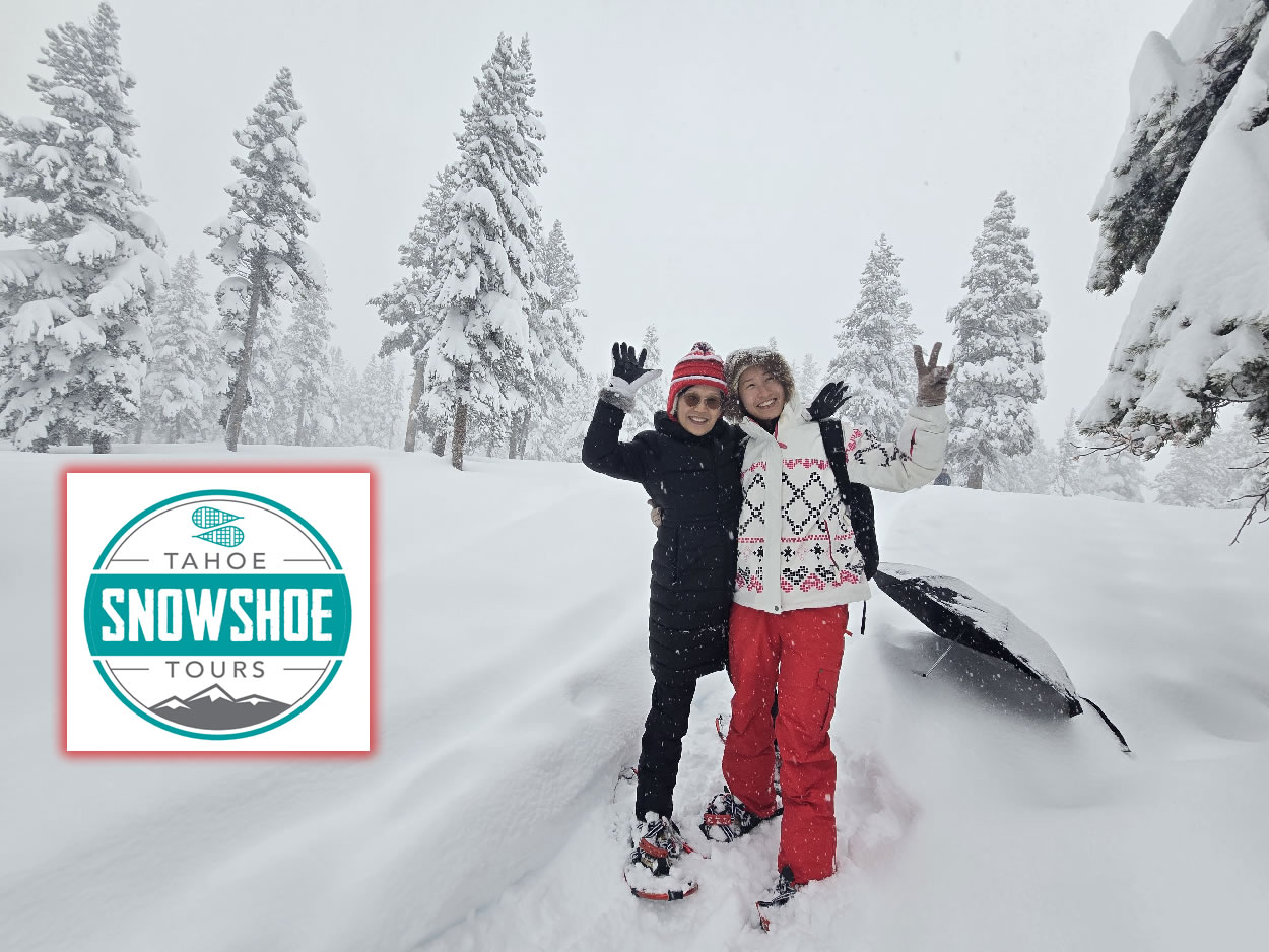 Guests wearing winter layers and snowshoes during a guided Lake Tahoe snowshoe tour, demonstrating recommended clothing and footwear